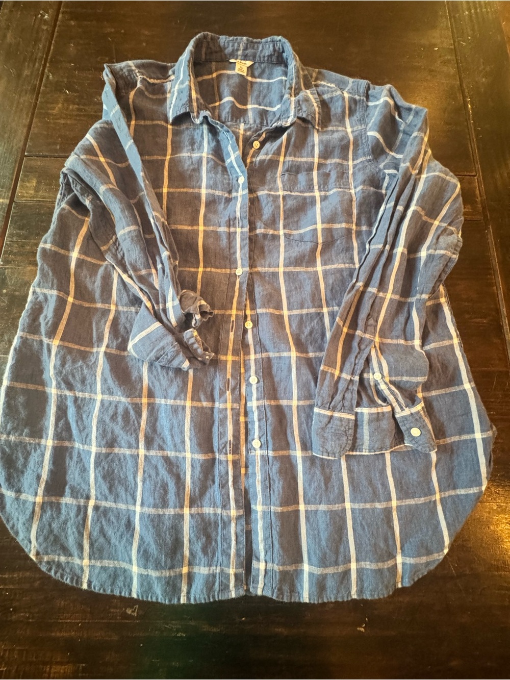 L.L. Bean Blue Windowpane Linen Blend Button-Down Shirt